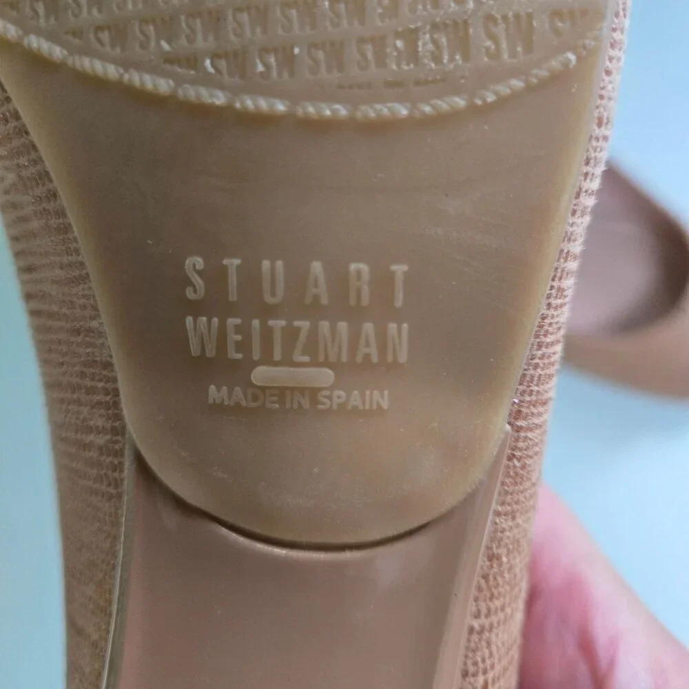Stuart Weitzman Beige Lizard Embossed Logosavior Pumps Open Toe Size 7.5W